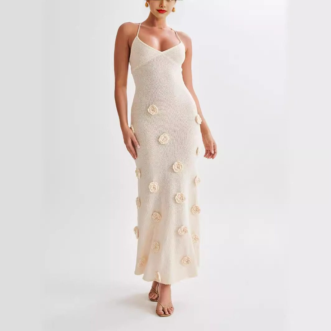 Suspended sleeveless dress with three-dimensional floral heavy industry knitted backless tie