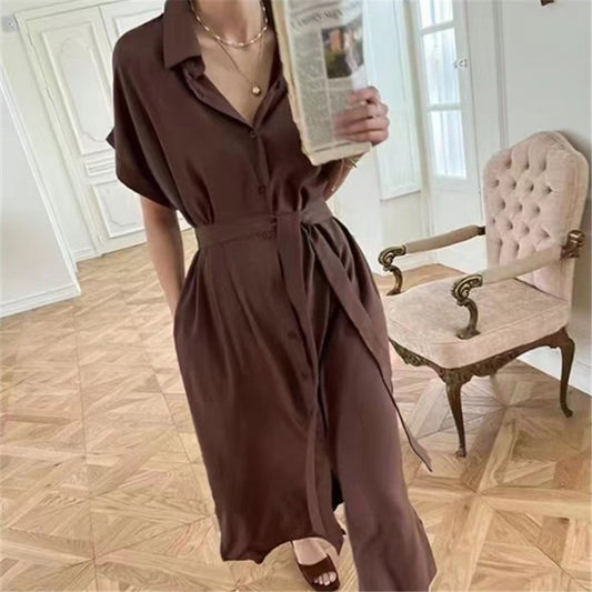 V-neck waist mid-length dress for women cardigan short-sleeved shirt dress for women