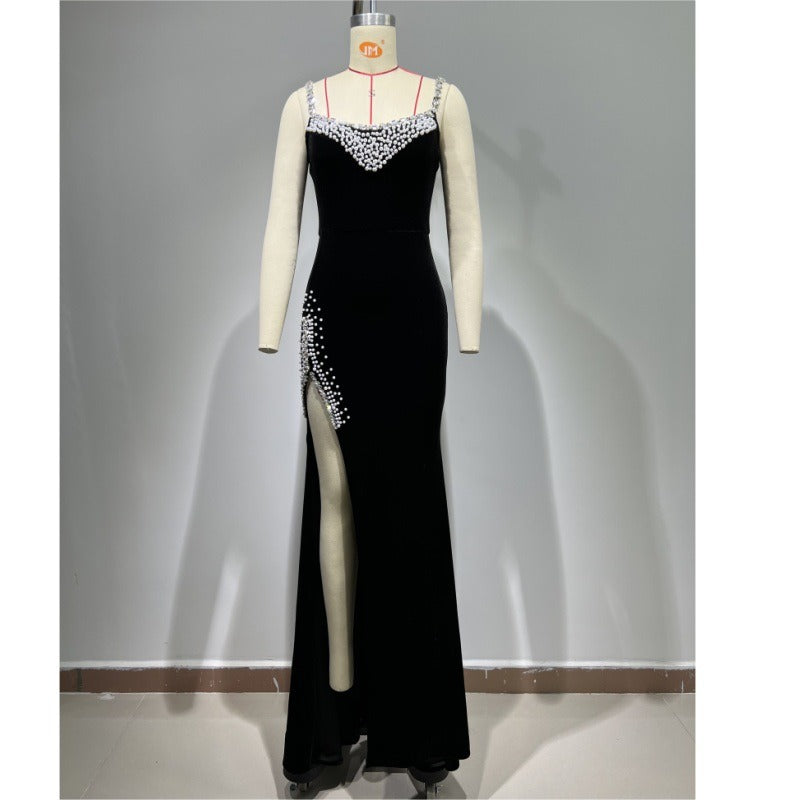 Tubeless long evening dress stage host luxury rhinestones