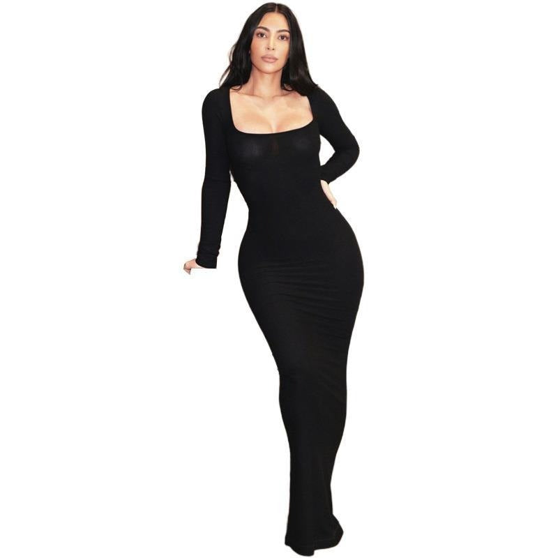 Long sleeved square neck A-line dress