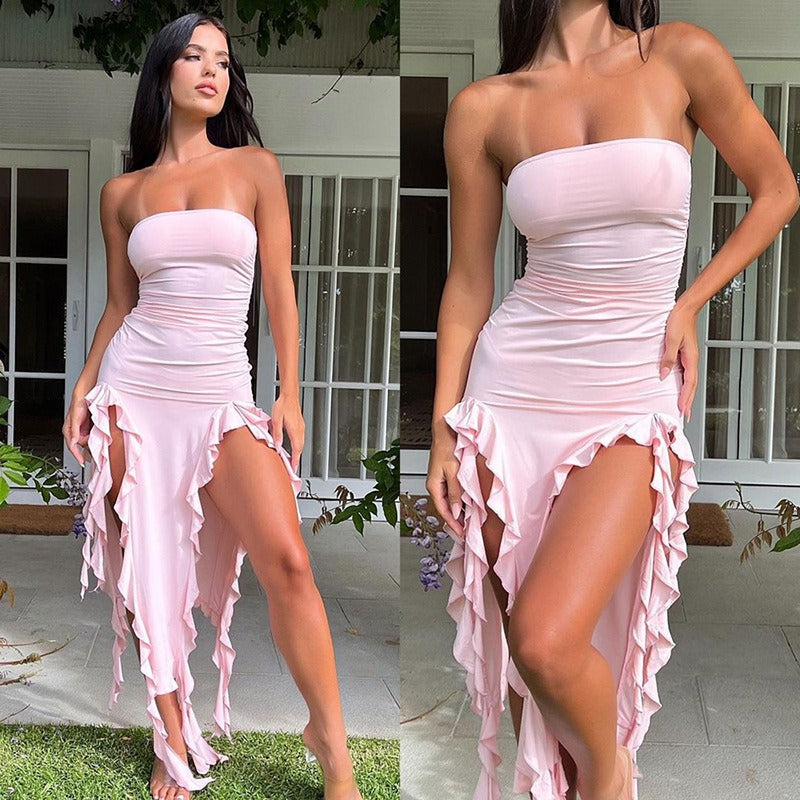 Fashionable and sexy women's one-shoulder tube top slim-fit hip-covering dress with irregular hem