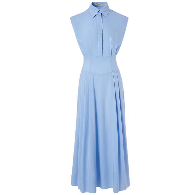 Blue polo collar sleeveless shirt dress right-angle shoulder waist long skirt for women