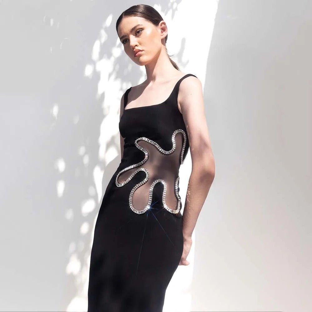 Black mesh diamond long sleeveless square neck high-end dress knitted bandage women's clothing