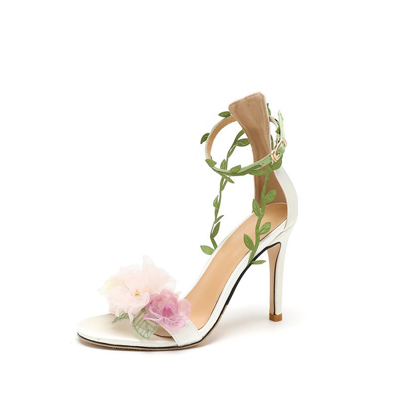 Pink pastoral chiffon flower fantasy high heels one-line vine strap sandals for women