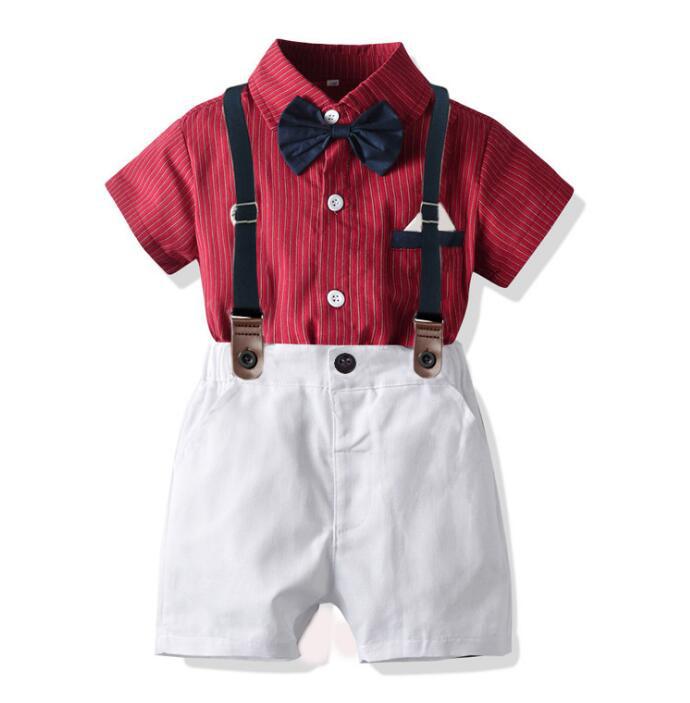 New Gentleman's Shirt Suit Boys Dress Striped Short Sleeve Bow Tie Shirt Bibs Birthday Suit