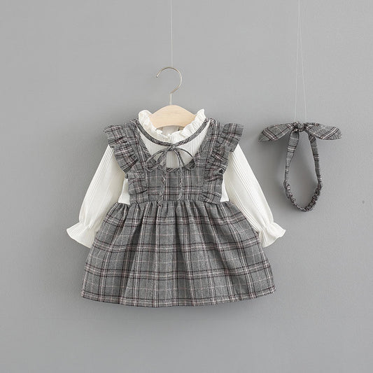 Weaved Children's Wear New Baby Girls' Large Check Neckline Ribbon Dress