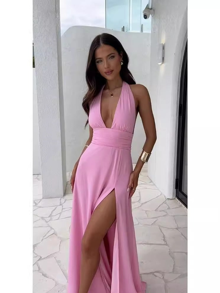 High end temperament hanging neck sexy slit tie up solid color dress for women