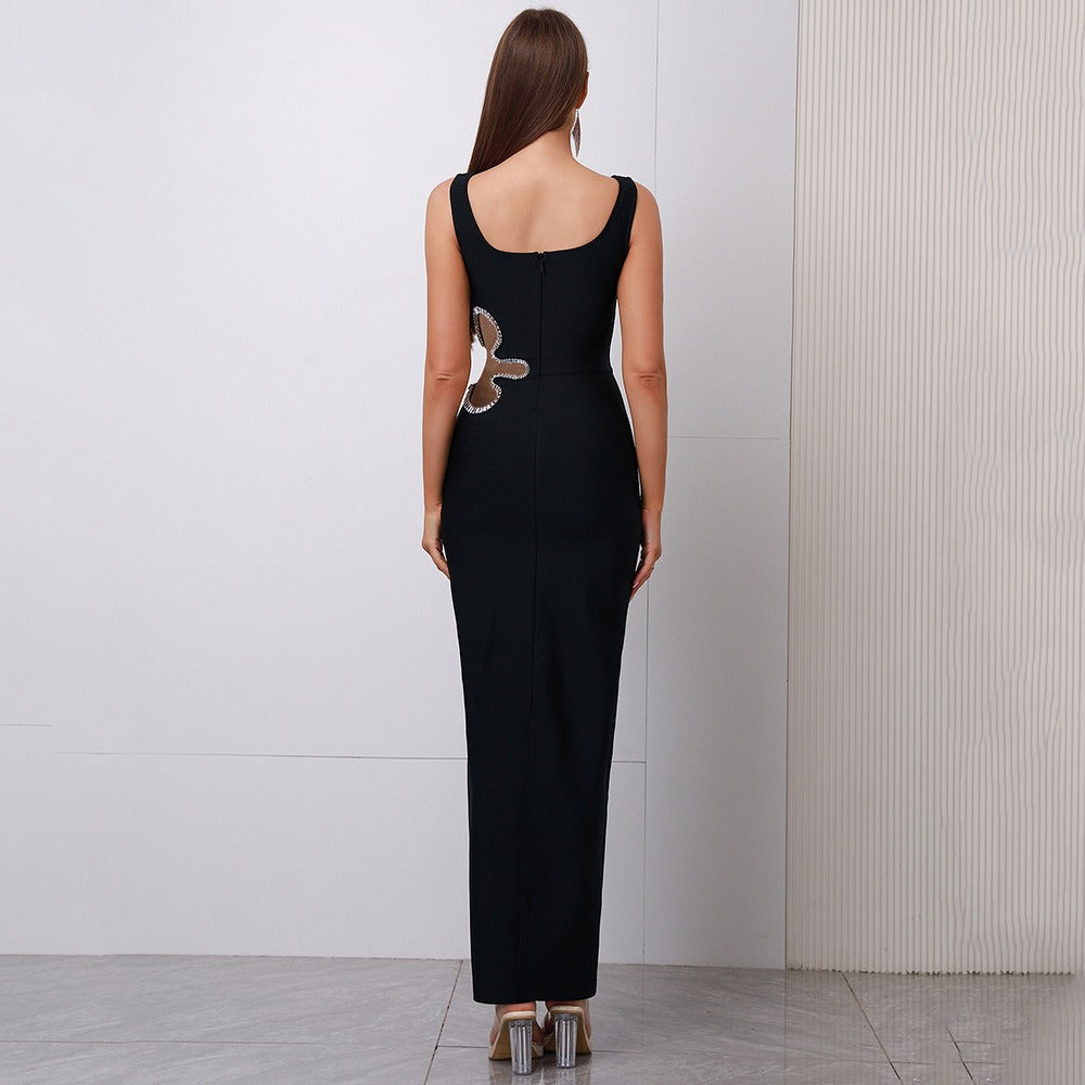 Black mesh diamond long sleeveless square neck high-end dress knitted bandage women's clothing