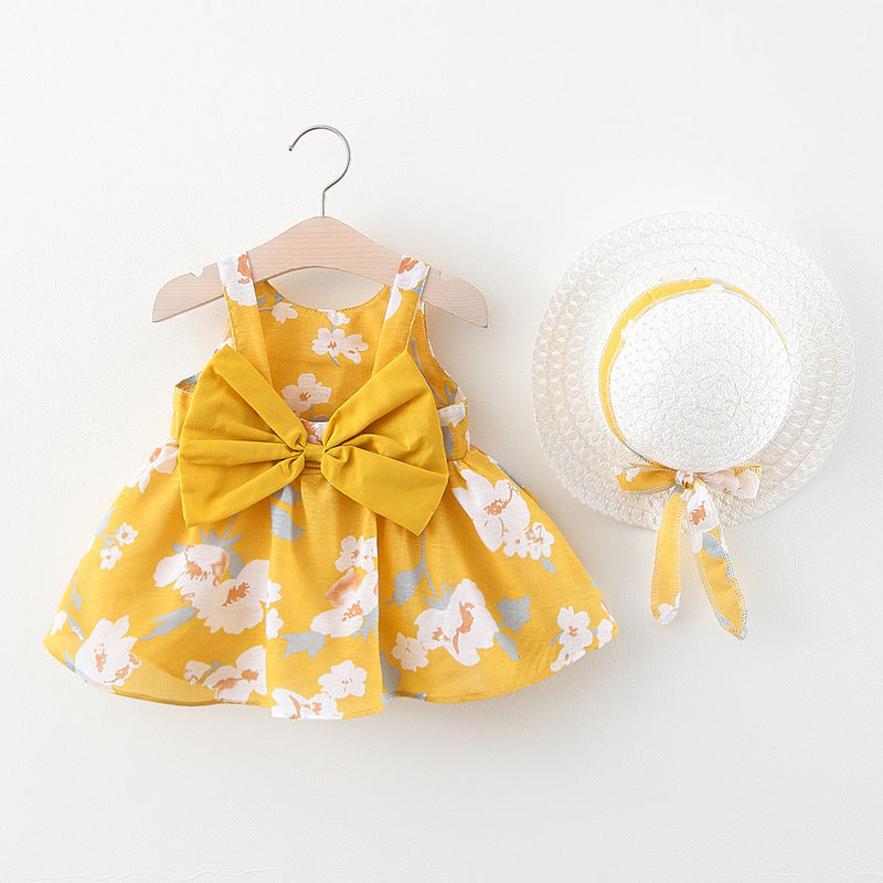 Summer New Baby Girl Flower Suspender Skirt To Send Straw Hat Infant Children European And American Children's Skirt