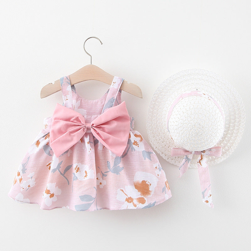 Summer New Baby Girl Flower Suspender Skirt To Send Straw Hat Infant Children European And American Children's Skirt