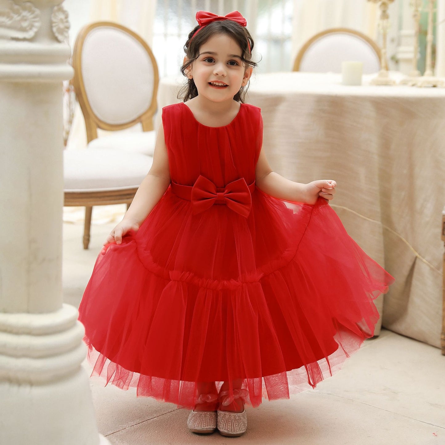 Children's mesh dress princess dress baby fluffy dress baby one year old wedding dress evening dress