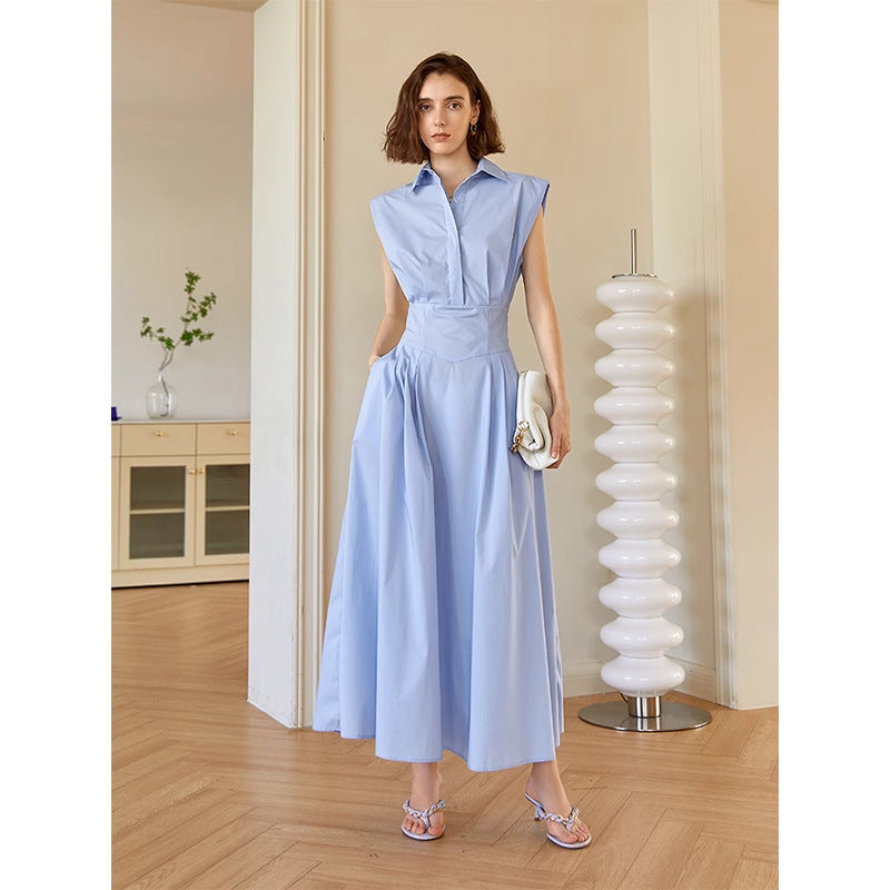 Blue polo collar sleeveless shirt dress right-angle shoulder waist long skirt for women