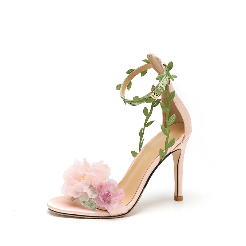 Pink pastoral chiffon flower fantasy high heels one-line vine strap sandals for women