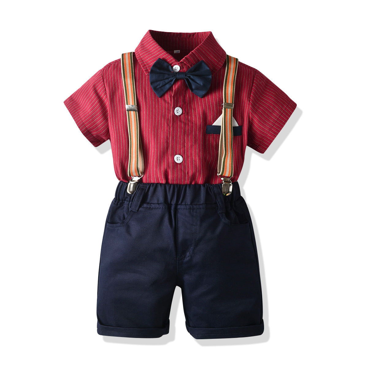 New Gentleman's Shirt Suit Boys Dress Striped Short Sleeve Bow Tie Shirt Bibs Birthday Suit