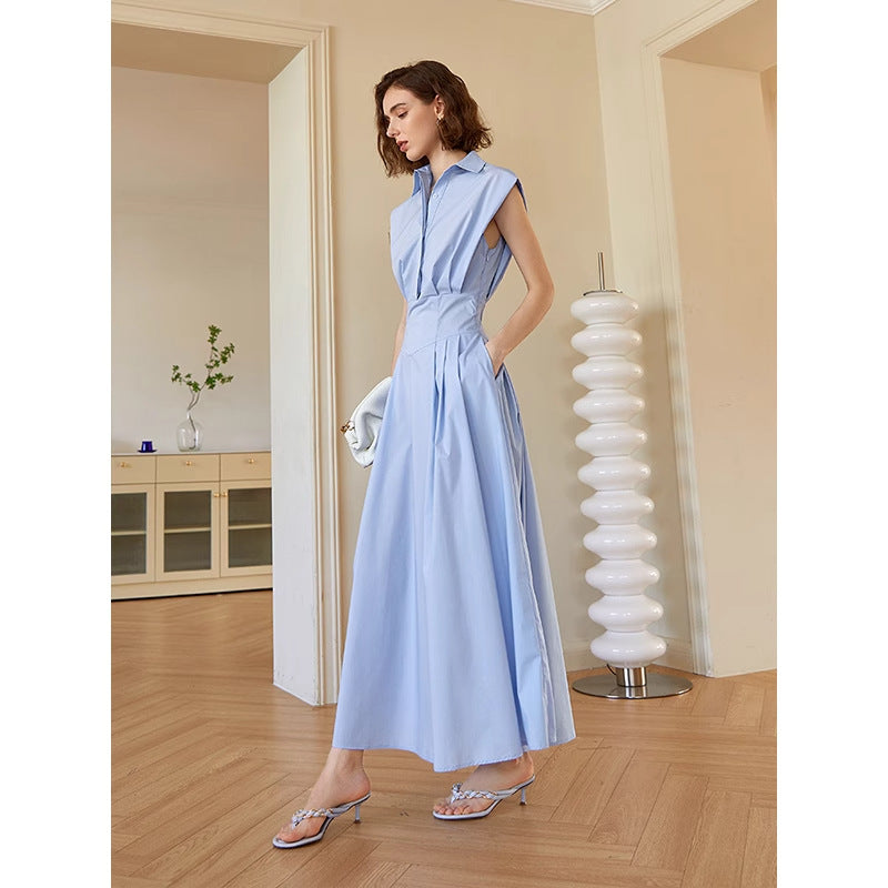 Blue polo collar sleeveless shirt dress right-angle shoulder waist long skirt for women