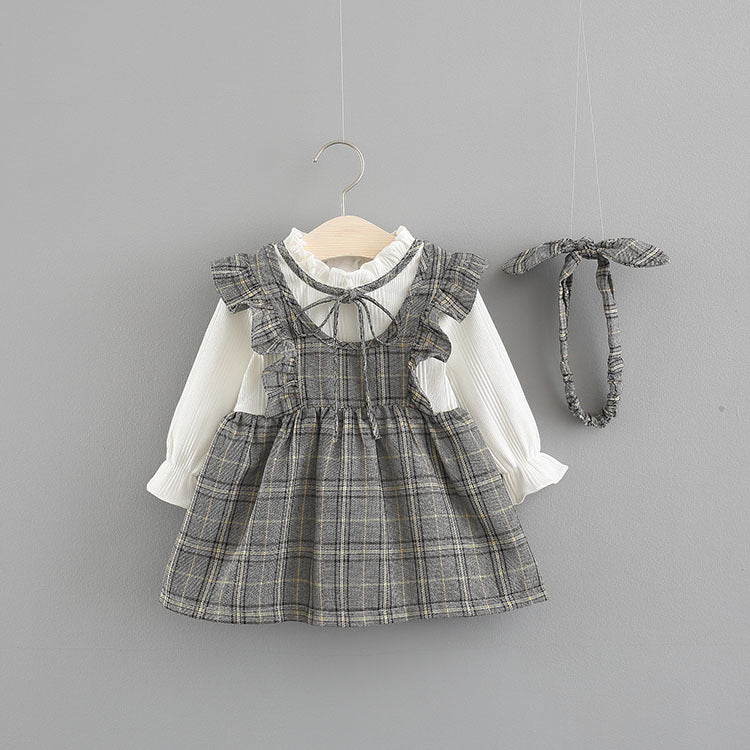 Weaved Children's Wear New Baby Girls' Large Check Neckline Ribbon Dress