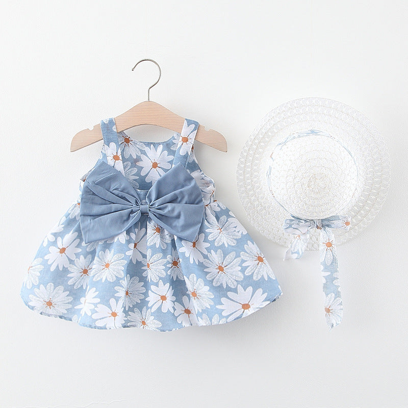 Summer New Baby Girl Flower Suspender Skirt To Send Straw Hat Infant Children European And American Children's Skirt