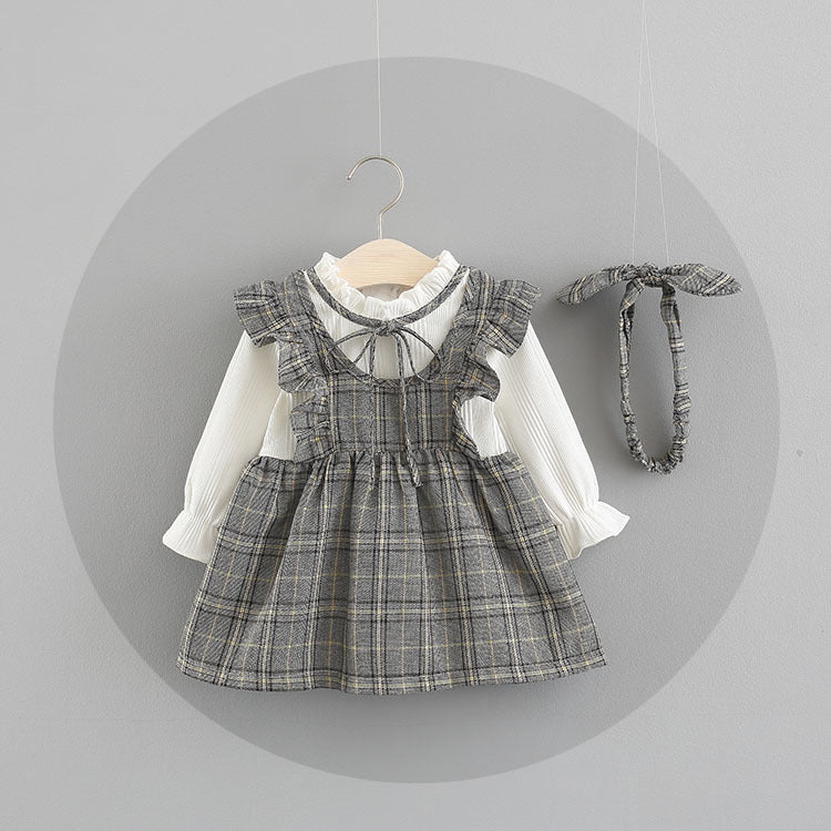 Weaved Children's Wear New Baby Girls' Large Check Neckline Ribbon Dress