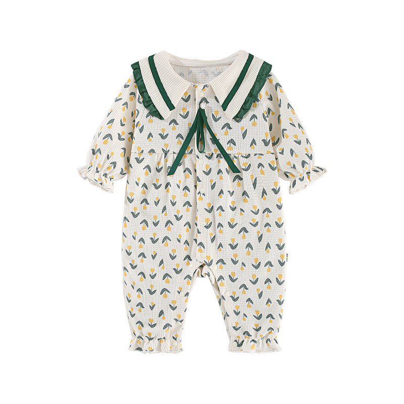 Baby Clothes Autumn New Girl Baby Clothes Long Sleeved Lapel Pastoral Style Romper Single-Breasted Baby Onesie