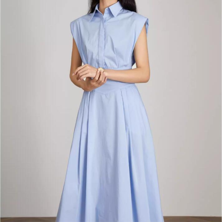 Blue polo collar sleeveless shirt dress right-angle shoulder waist long skirt for women