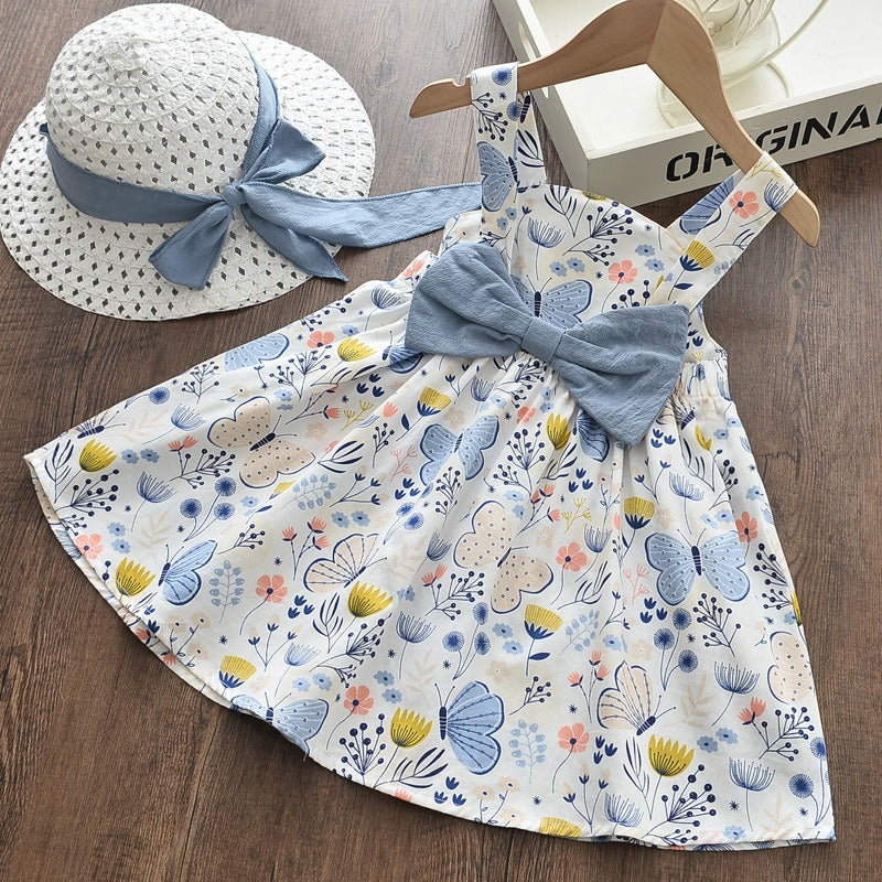 Baby Girls Printed Cotton Skirt Spring/Summer New Butterfly Print Strap Dress Gift Hat