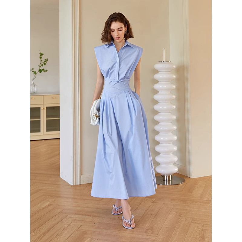 Blue polo collar sleeveless shirt dress right-angle shoulder waist long skirt for women